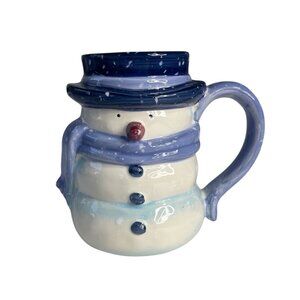 Snowman Themed Ceramic Mug Blue White Dishwasher Safe Winter Holiday